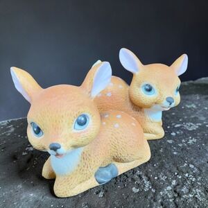 Vintage Homco Deer Figurines Set 2 Porcelain Fawn Doe Blue Eyes Taiwan VTG